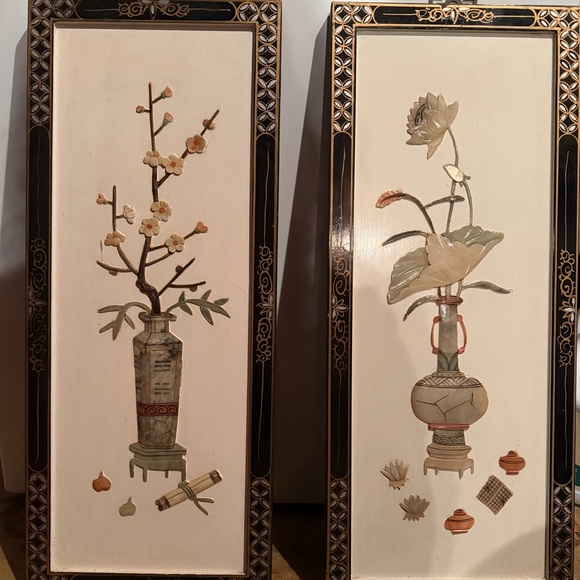 Other - Pair of Vintage Grandmillenial style Floral Inlay Panels in Ivory & Black